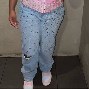 Fashion Nova “Razzle Dazzle Embellished Straight Leg Jeans”.